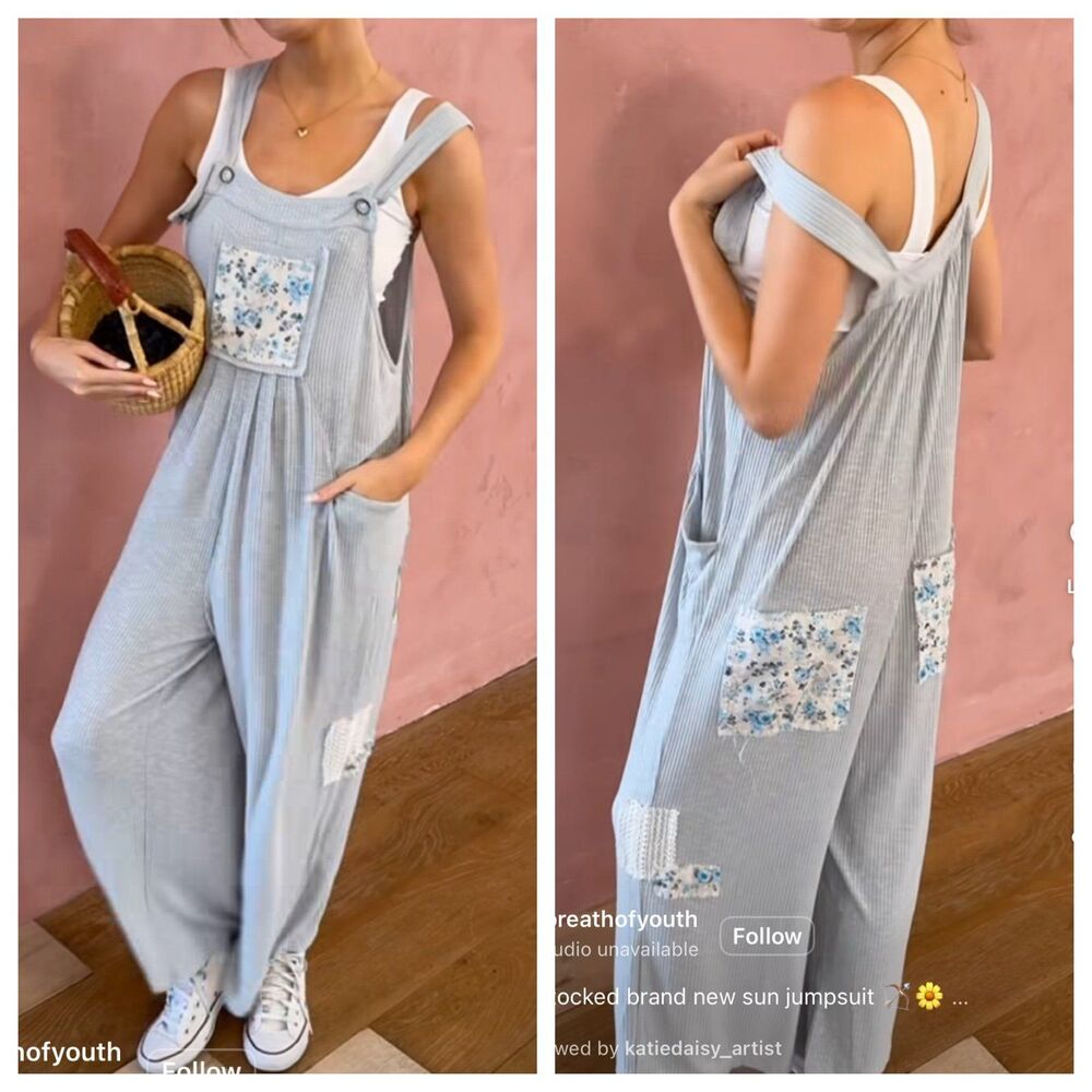 POL Gray Ribbed Jumpsuit with Floral Patch Pocket Appliqué Detail Size Large